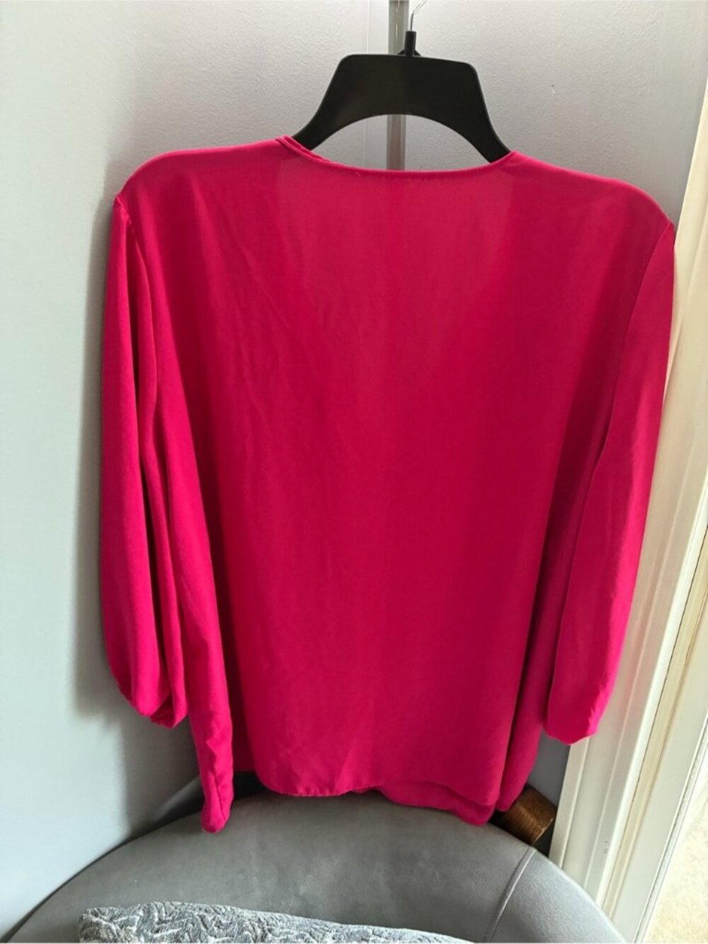 Fuchsia Ruffle V-Neck Women's Blouse - Picture 3 of 3